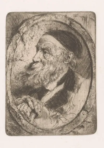 Portret van een onbekende oude man met zijn handen op een wandelstok