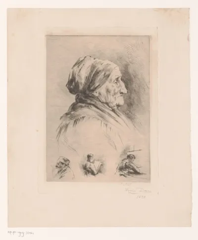 Portret van een onbekende oude vrouw, daaronder drie kleinere portretstudies