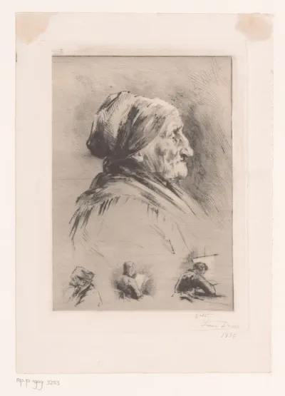 Portret van een onbekende oude vrouw, daaronder drie portretstudies