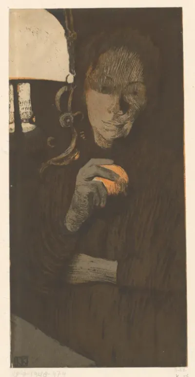 Portret van een onbekende vrouw met sinaasappel bij een lamp