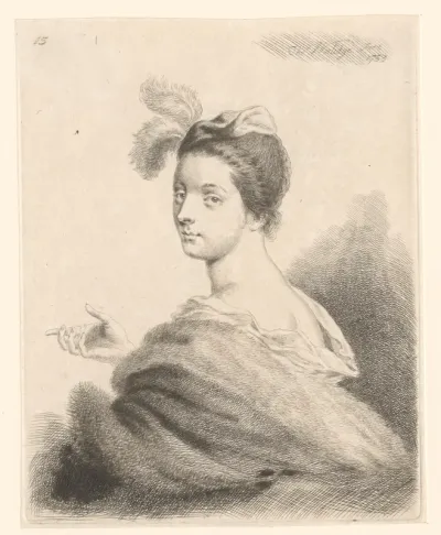Portret van een onbekende vrouw met veer in het haar en cape met bont