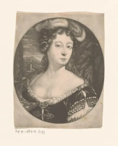 Portret van een onbekende vrouw met veren en parels in het haar en jurk met edelstenen