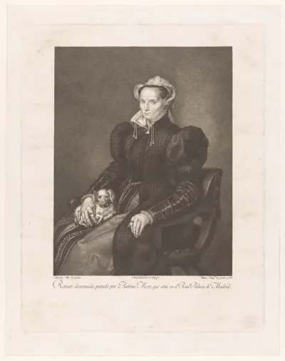 Portret van een onbekende vrouw, zittend met een hond op schoot
