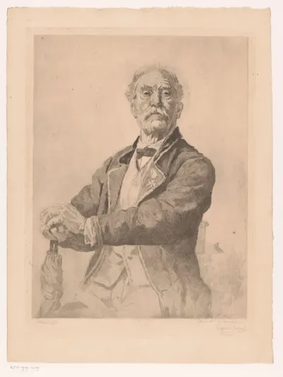 Portret van een onbekende zittende man, met zijn handen steunend op een paraplu