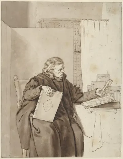 Portret van een oude man in een studeervertrek