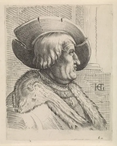 Portret van een oude man in profiel met hoed