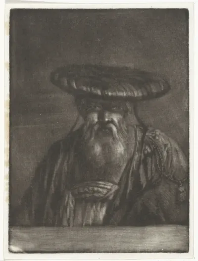 Portret van een oude man met een platte brede muts