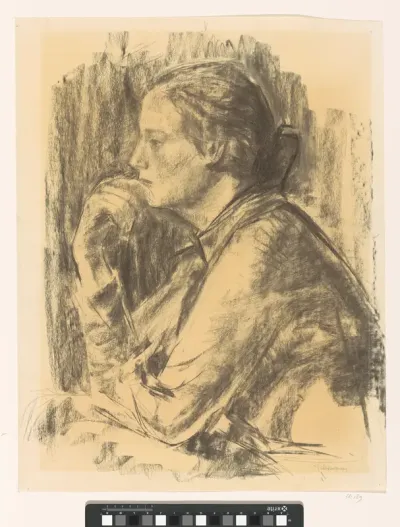 Portret van een peinzende onbekende vrouw
