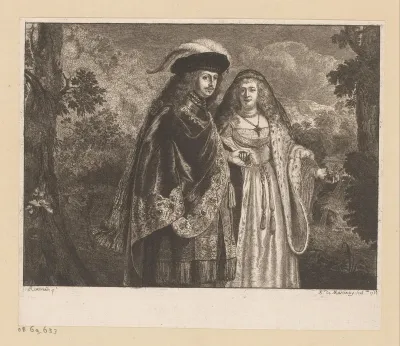 Portret van een rijk gekleed echtpaar in een landschap