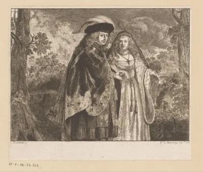 Portret van een rijk gekleed echtpaar in een landschap