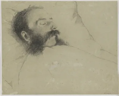 Portret van een rustende/ gestorven man op bed