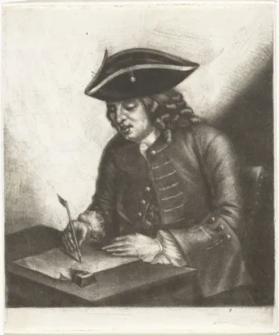 Portret van een schrijvende man aan een bureau, mogelijk Pieter Louw
