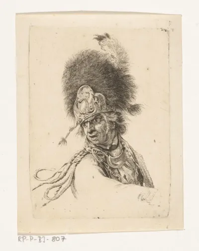 Portret van een soldaat met een hoge bontmuts op