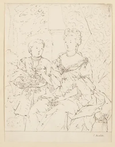 Portret van een vrouw en jongen met bloemen