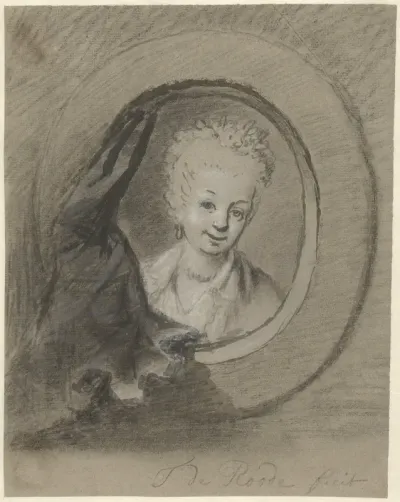 Portret van een vrouw, in een ovale lijst met gordijntje