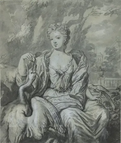 Portret van een vrouw met een zwaan en een papegaai in een tuin