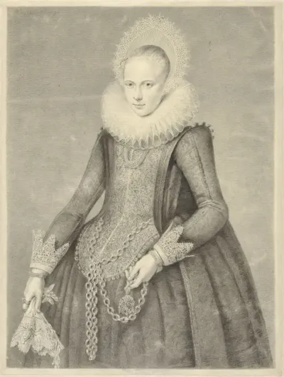 Portret van een vrouw met handschoenen en ketting met houder voor een bezoarsteen (?)