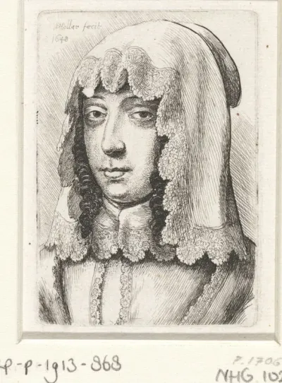 Portret van een vrouw met kanten hoofddoekje