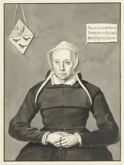 Portret van een vrouw met rozenkrans en een familiewapen