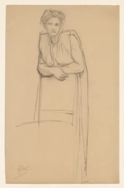 Portret van een vrouw, staande achter een stoel