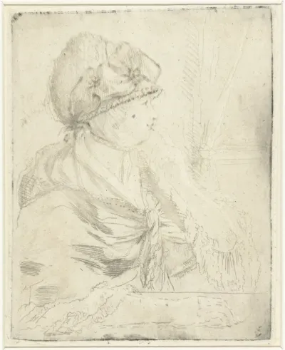 Portret van een vrouw, zittend bij het raam, de vinger aan de lippen