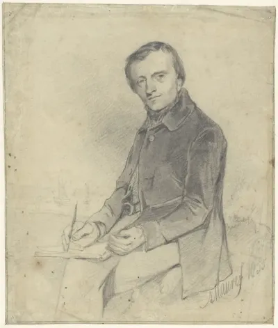 Portret van een zeeschilder, met een schetsboek in de hand
