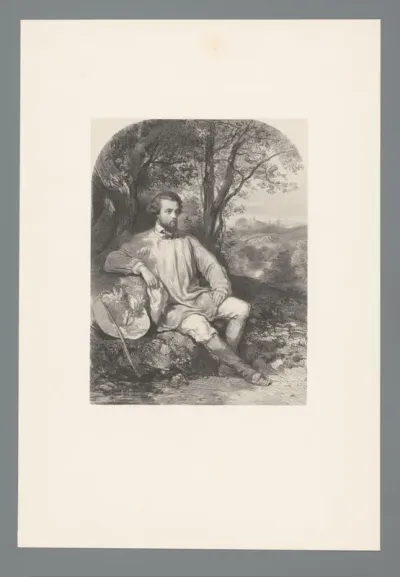 Portret van een zittende man in schilderskiel in een landschap