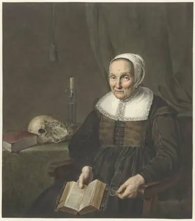 Portret van een zittende oude vrouw met opengeslagen boek