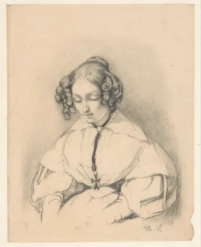 Portret van een zittende vrouw met de ogen neergeslagen