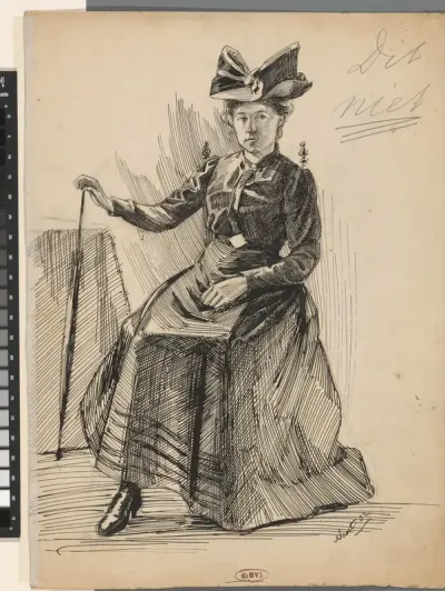 Portret van een zittende vrouw met wandelstok