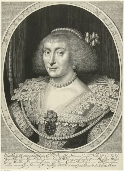 Portret van Elisabeth Stuart, keurvorstin van de Palts, koningin van Bohemen op 33-jarige leeftijd
