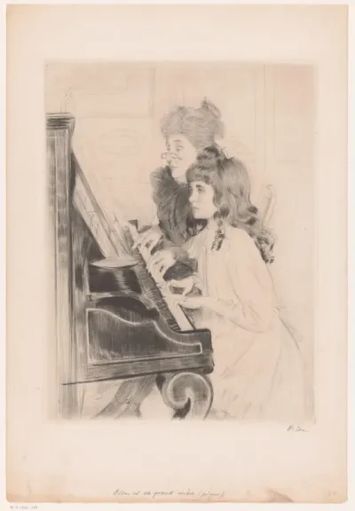 Portret van Ellen Helleu en haar oma achter de piano