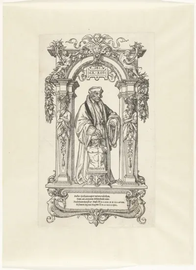 Portret van Erasmus staand onder boog met beeld van Terminus