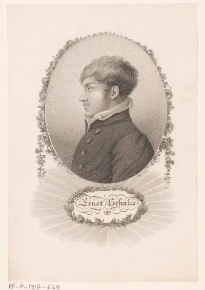 Portret van Ernst Schulze, en profil in een ovale lijst versierd met rozen