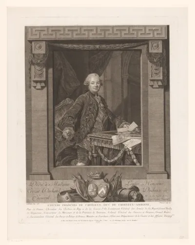 Portret van Etienne François de Choiseul in architecturale lijst