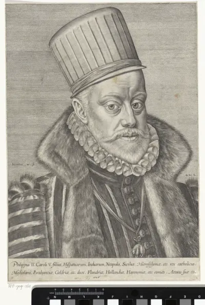 Portret van Filips II, koning van Spanje, op 59-jarige leeftijd