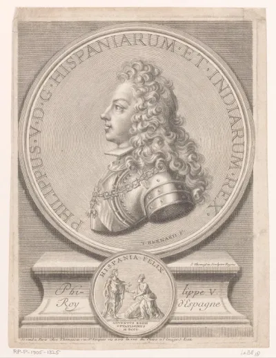 Portret van Filips V, koning van Spanje en profil op een medaille