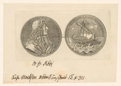 Portret van Francesco Redi en voorstelling van een schip op zee
