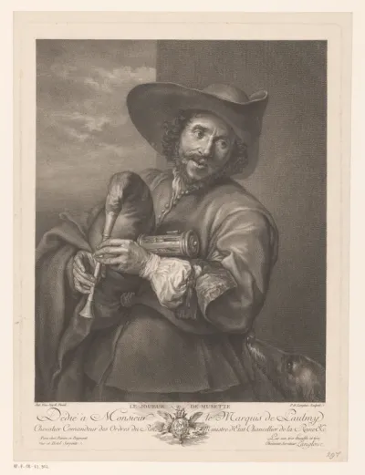 Portret van François Langlois met doedelzak en hond