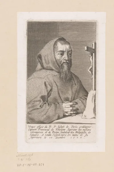 Portret van François Leclerc du Tremblay, genaamd Père Joseph, bij een kruis