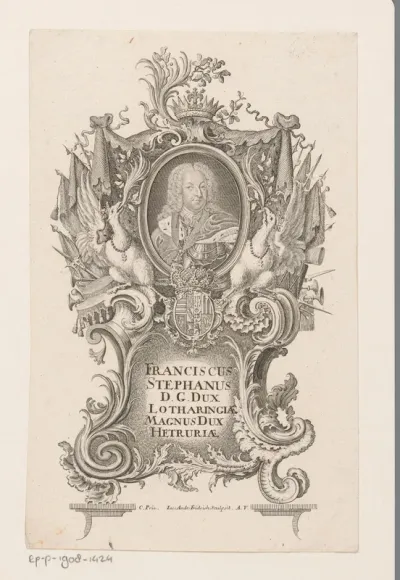 Portret van Frans I Stefan in allegorische omlijsting