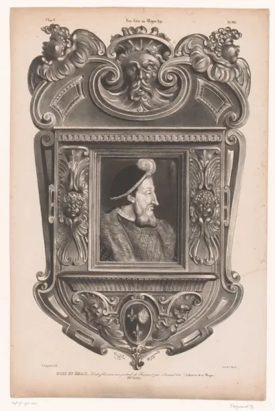 Portret van Frans I van Frankrijk in een kader met florale motieven