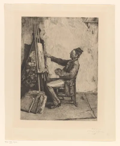 Portret van Frans Meerts aan zijn ezel
