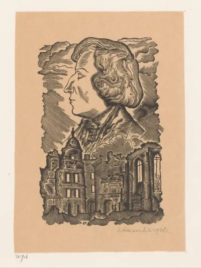 Portret van Frédéric Chopin boven een verwoeste stad