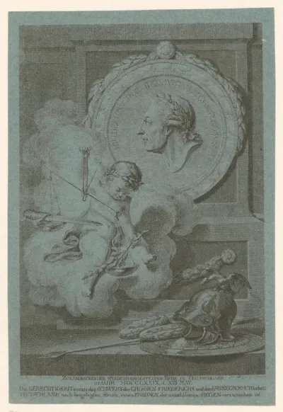 Portret van Frederik de Grote en allegorie op de vrede