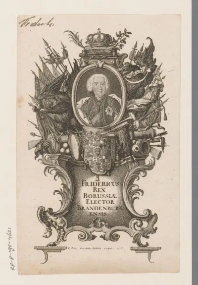 Portret van Frederik de Grote in allegorische omlijsting