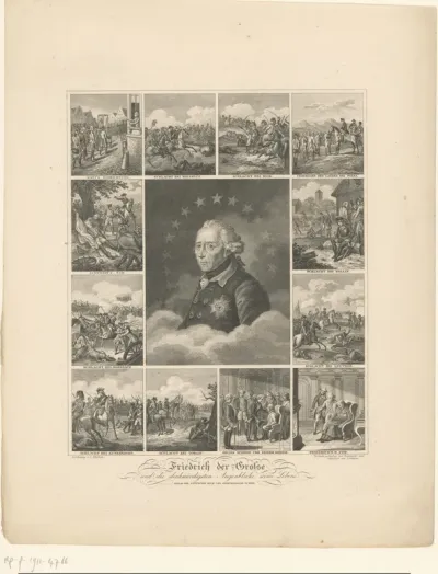 Portret van Frederik de Grote met diverse levensgebeurtenissen