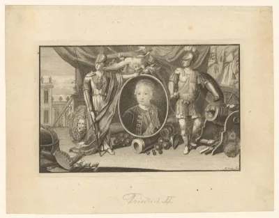 Portret van Frederik de Grote met een allegorie op oorlog