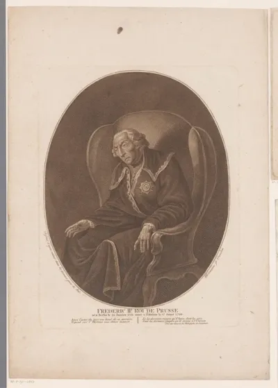 Portret van Frederik de Grote, zittend in een stoel