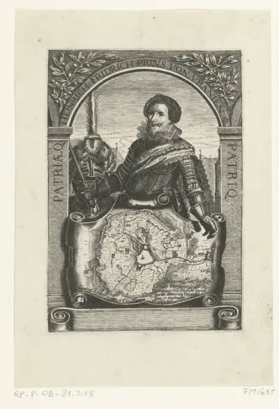 Portret van Frederik Hendrik met een kaart van het beleg van Den Bosch in 1629